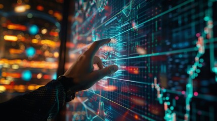 Fototapete - A hand reaching out to touch a holographic projection of stock market data, blending technology and finance.