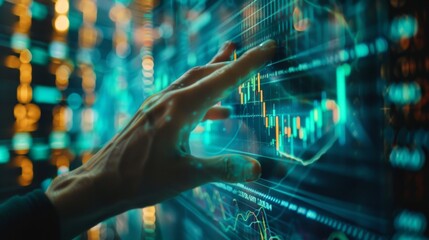 Fototapete - A hand reaching out to touch a holographic projection of stock market data, blending technology and finance.