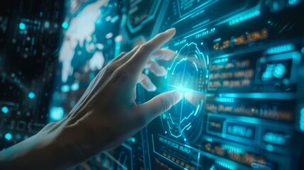 Fototapete - A hand reaching out to touch a holographic projection of stock market data, blending technology and finance.