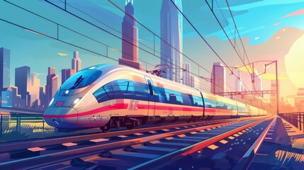 Aufkleber - A high-speed train passing through an urban landscape, illustrating efficient mass transit systems in modern cities.