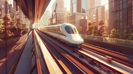Aufkleber - A high-speed train passing through an urban landscape, illustrating efficient mass transit systems in modern cities.