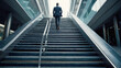 Rear view of a young businessman walking up the stairs in an office building