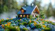 Miniature model of house with blue flowers in the garden on blurred background