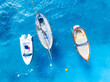 Drone view of a motor boats. Sea transportation. Vacation and holidays. Summer time for sea travel. The sea bay. Photo for background and wallpaper. Mediterranean Sea.