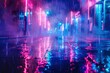 Empty background scene. Dark street reflection on the wet pavement. Rays neon light in the dark, neon figures, smoke. Night view of the street, the city. Abstract dark background - generative ai