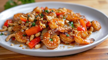 Wall Mural - Stir fried crispy shrimp with cashew nuts and sweet pepper in white plate. Generative Ai