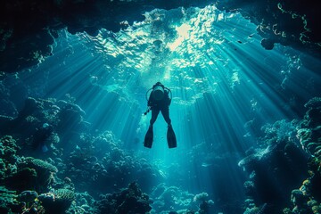 Wall Mural - A dramatic underwater shot featuring the silhouette of a diver against the sunbeams streaming through the ocean water