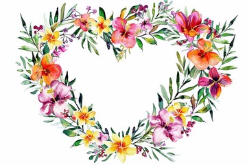 Wall Mural - Hand-drawn floral heart frame wreath on a white background, featuring delicate autumn leaves, berries, and small flowers. Perfect for adding a rustic and charming touch to invitations, cards, or poste