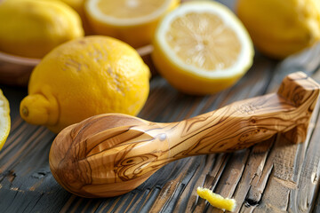 Wall Mural - A beautiful and functional lemon squeezer, hand crafted from the finest olive wood, surrounded by juicy lemons. A simple composition on an old dark wood table. Vitamins and antioxidants in fresh ...