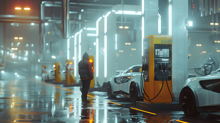 Futuristic oil fueling concept modern icon, refilling refueling car vehicle transportation station, power energy restoring, close up man using oil gasoline pump at petrol gas station resource energy
