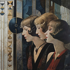 An Art Deco painting of three flapper girls, all with sleek bob hairstyles and wearing black dresses adorned with geometric patterns. The background is an elegant art deco setting with symmetry.