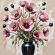 Vibrant pink poppies stand out against a neutral background, contained within a glossy black vase that drips with excess paint  