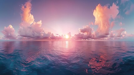 Wall Mural - A beautiful sunset over the ocean with pink and purple clouds. The sky is filled with clouds and the sun is setting, creating a serene and peaceful atmosphere