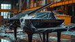 © Sci-Tech - Glossy black grand piano partially covered in plastic wrap in preparation for removal by furniture moving company