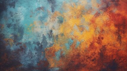 Abstract textured painting with a blend of cold and warm hues suggesting a chaotic fusion. The painting is dominated by three colors: yellow, blue, and red. The brushstrokes are energetic. AIG35.