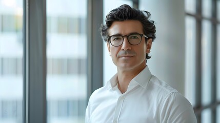 Wall Mural - Handsome 45 years old gentle brown hair hispanic man, wearing glasses, formal slick hairstyle, smooth face in a modern office building, wearing white shirt, beside a huge window
