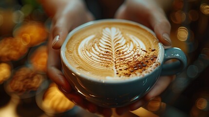 Wall Mural - coffee culture, a barista creates latte art on a steaming cappuccino cup, celebrating international coffee day with a banner in the background