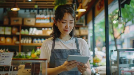 A Portrait Captures An Asian Woman Business Owner Using A Digital Tablet To Check Stock, Demonstrating Hands-On Management And Efficiency