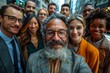 © Larisa AI - Image of a smiling group of diverse professionals in a city setting taking a selfie