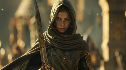 Wall Mural - Hooded assassin woman fantasy warrior stands with a gleaming sword in hand AI generated image