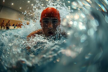 A swimmer with a red cap is captured mid-stroke in a vibrant indoor pool setting, water splashing around