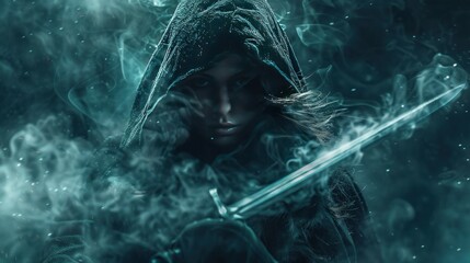 Mysterious black hooded assassin woman cuts through the smoke carrying a dagger wallpaper AI generated image
