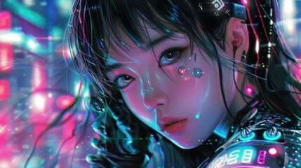 Canvas Print - Face of a cyberpunk 3d anime style cyborg woman looking seriously Background wallpaper AI generated image