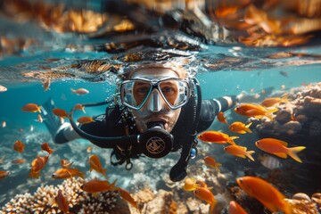 Wall Mural - Diver surrounded by small orange fish while exploring underwater marine life, reflecting a sense of adventure and discovery