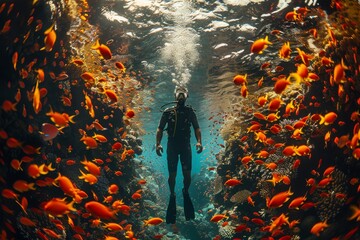 Wall Mural - A diver is beautifully framed by a natural archway of orange fish in a serene underwater cave setting
