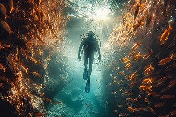 Wall Mural - An underwater view showing a lone diver silhouetted against beams of light, surrounded by a fish school and coral