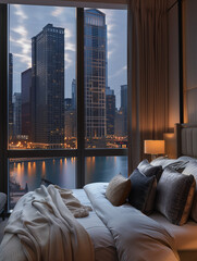 Wall Mural - A bedroom with floor-to-ceiling windows overlooking the river in Chicago, with tall buildings illuminated at night outside and clouds filling up half of them. The bed is neatly made against one wall,