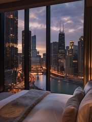 Wall Mural - A bedroom with floor-to-ceiling windows overlooking the river in Chicago, with tall buildings illuminated at night outside and clouds filling up half of them. The bed is neatly made against one wall,