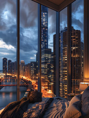 Wall Mural - A bedroom with floor-to-ceiling windows overlooking the river in Chicago, with tall buildings illuminated at night outside and clouds filling up half of them. The bed is neatly made against one wall,