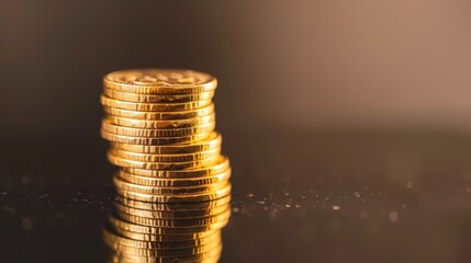 Poster - A stack of gold coins on a reflective surface, illustrating prosperity and fortune.