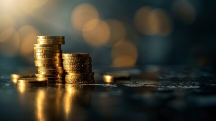 Poster - A stack of gold coins on a reflective surface, illustrating prosperity and fortune.