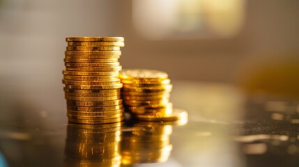 Poster - A stack of gold coins on a reflective surface, illustrating prosperity and fortune.
