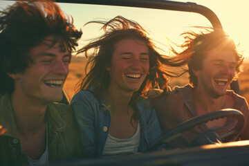 Poster - Shared moments of laughter and joy as friends embark on a road trip, the wind tousling their hair as they drive into the sunset. Concept of spontaneity and adventure. Generative Ai.