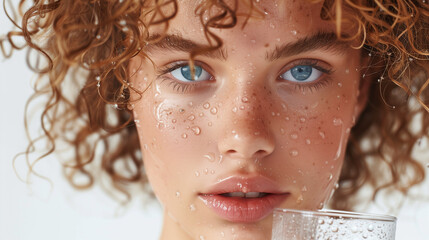 Wall Mural - Portrait of a beautiful woman with blue eyes and curly hair drinking water from a glass, isolated on a white background. A concept about beauty and skin care. A close-up portrait of a young girl drin