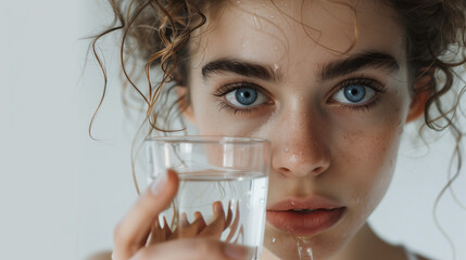 Wall Mural - Portrait of a beautiful woman with blue eyes and curly hair drinking water from a glass, isolated on a white background. A concept about beauty and skin care. A close-up portrait of a young girl drin