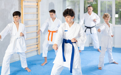 Wall Mural - Concentrated teenager in white kimono practicing punches in gym during group martial arts workout. Shadow fight, combat sports training concept ..