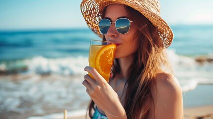 A contented woman sipping orange juice at a summer beach