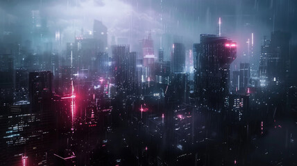 Canvas Print - Cyberpunk city in rain at night, dark futuristic urban background, aerial view of modern buildings in future. Theme of dystopia, storm, cyber