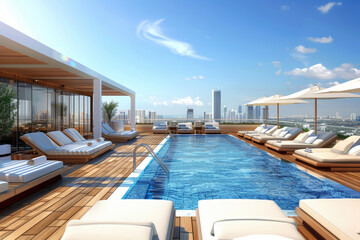 Poster - A rooftop pool deck offering panoramic views of the surrounding cityscape, complete with plush lounge chairs and cabanas for sunbathing and relaxation.  Generative Ai.