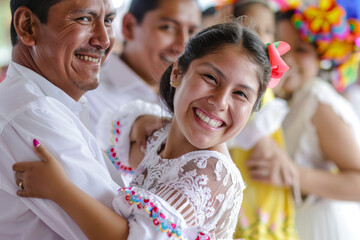 Canvas Print - A joyful Hispanic family dancing together at a lively fiesta, their smiles radiating warmth and happiness. Concept of cultural celebration and togetherness. Generative Ai.