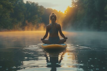 Wall Mural - Woman meditating on a board at sunrise