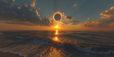 Wall Mural - View from the beach at sunset of a total solar eclipse with the sun just above the horizon