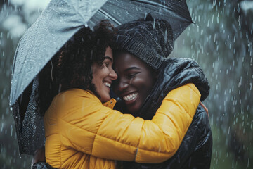 Wall Mural - A joyful novosexual couple cuddled up together on a rainy day, finding comfort and solace in each other's arms as they weather the storm of life.  Generative Ai.