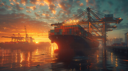 Wall Mural - Logistics and transportation of Container Cargo ship and Cargo plane with working crane bridge in shipyard at sunrise, logistic import export and transport industry background