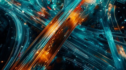 Fototapete - An aerial view of a city highway at night, illuminated by streaks of car headlights and taillights, showcasing urban traffic dynamics.