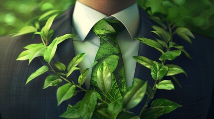 Wall Mural - Businessman suit wears a tie made of green leaves, environmental consciousness sustainability Ideal for eco-conscious and sustainable business themes environment ,analysis, investment, green business 
